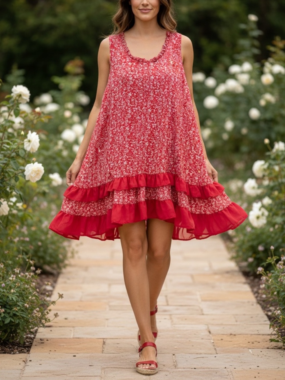 Papillon Blanc Red Floral Tiered Ruffle Mini Dress
